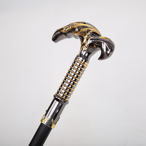Bastón de Doble Gancho en Forma de Media Luna, Negro y Dorado, con Intrincadas Grabas, Mango de Metal, Bastón de Lujo - Product Image 3