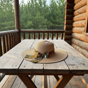 <b>Straw</b> Sun <b>Hat</b> With Printed Bandana Bow Wide Brim Beach <b>Hat</b> For <b>Women</b> Adult 56-58CM - Product Image 1