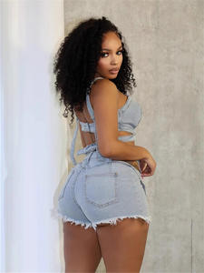 Set Denim Musim Panas Trendy 2 Potong Wanita Seksi Crop Top Berpotongan dan Celana Pendek Y2K Streetwear Jean Set Celana Pendek Denim Wanita Dua Potong - Product Image 5