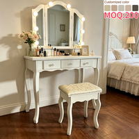 Ensemble de coiffeuse blanche avec miroir triple à LED, 5 tiroirs, tabouret rembourré, table de maquillage moderne pour chambre à coucher, usage domestique pour femmes