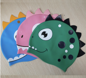 Gorro de natación de silicona suave para mujer, diseño de dinosaurio de dibujos animados, color puro, alta elasticidad, impermeable y ecológico - Product Image 6