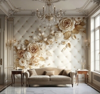 Papier peint mural 3D floral luxueux et élégant, imperméable, pour décoration murale intérieure, textures blanches, feuilles dorées, rose