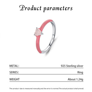S925 Silver Pink Enamel Heart <b>Ring</b> with Light Pink Stone <b>Dainty</b> Stackable Silver Trendy Sweet Girl Finger Band - Product Image 2