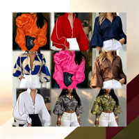 Blus Wanita Grosir Lengan Puff 9 Model Hiasan Bunga 3D Kemeja Kancing Kerah Bermotif Elegan untuk Kantor Pesta Atasan Wanita