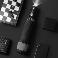 LS Haute Qualité Vente en Gros Parapluie Lampe de Poche Automatique 3 Plis avec Poignée Lumière LED avec Bande Réfléchissante