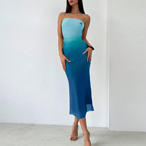 Personalización de marca OEM personalizado Europeo Americano malla degradado fruncido Sexy <span class=keywords><strong>tubo</strong></span> superior <span class=keywords><strong>vestido</strong></span> <span class=keywords><strong>largo</strong></span> <span class=keywords><strong>vestido</strong></span> de fiesta de verano - Product Image 1