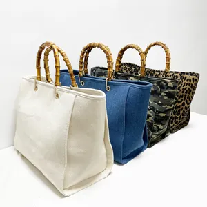 2024 NEW FASHION SUMMER BAMBOO HANDLE MESSENGER TOTE COTTON CANVAS FOR Women