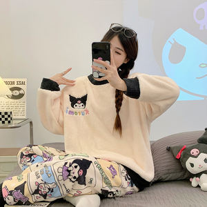 Conjuntos de ropa de dormir 2025 Otoño Invierno pijamas de franela mujer lindo estudiante de dibujos animados <span class=keywords><strong>pijama</strong></span> de cuello redondo <span class=keywords><strong>traje</strong></span> de lana Coral - Product Image 2