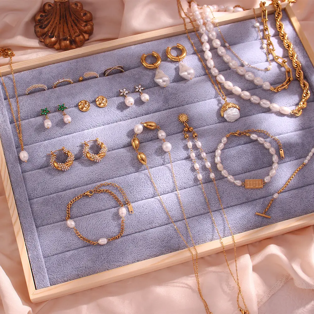 18K Gold Plated Stainless Steel Jewelry Barquoe Pearl Jewelry Freshwater Elegant Flower Zircon Earrings Bracelet Necklaces Women