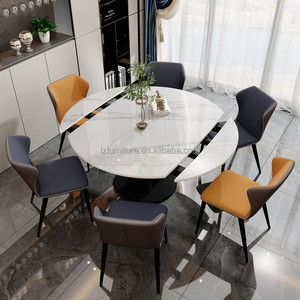 Mesa de Comedor Redonda Extensible Estilo Italiano, Tapa de Losa de Roca Blanca, Base de Pedestal Negra, para 4-8 Personas, Muebles para Hogar, Hotel, Restaurante - Product Image 4