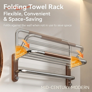 Portasciugamani da Parete Stile Legno di Noce, Finitura Lucida a Specchio, <span class=keywords><strong>Acciaio</strong></span> Inossidabile 304 di Alta Qualità per <span class=keywords><strong>Bagno</strong></span>, Pieghevole - Product Image 4