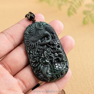 Certified Jadeite Type a Natural BLACK Green Jadeite Turtle Crane Yannian Ice Jade Pendant Men's and Women's Jade Wholesale - Product Image 4