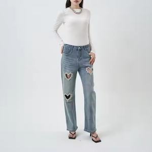 Nouveau design, vente chaude, jeans taille basse avec diamants, streetwear vintage, jeans bleus délavés et amples pour filles - Product Image 5