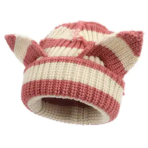 2024 New Little Devil Handmade Crocheted Wool Hat Striped Hat Devil's Ears Warm Beanie