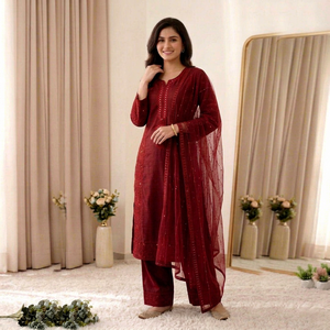 Ensemble Kurta Traditionnel Indien et Pakistanais en Coton pour Femme, Rouge Brodé, Longueur Cheville, Tenue Décontractée, Coupe Classique - Product Image 1