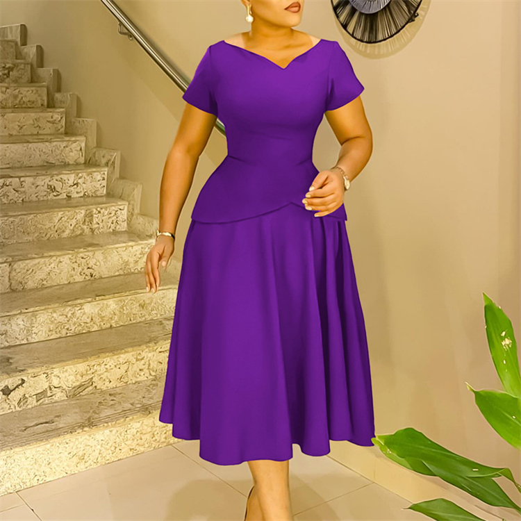 Elegant V-neck A-line Midi Office Dress In Eco-friendly Spandex-polyester
