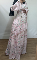 R-869 Abaya élégante en mousseline respirante pour l'été, vêtement islamique à volants, imprimé floral, longueur cheville, manches longues pour femme