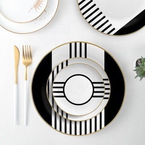 Nordic Light Luxury Wedding <strong>Black</strong> Marble Plates Ceramic <strong>Dinner</strong> <strong>Sets</strong> with Gold Rimmed - Product Image 2