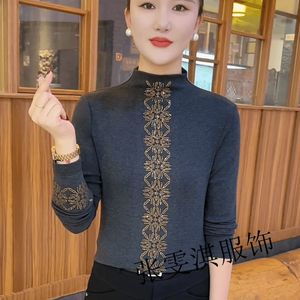 Women's Knit <b>Top</b> High Neck Solid Color Rhinestone Base <b>Layer</b> Plus Size Soft Acrylic Fiber Autumn Winter Wear - Product Image 2