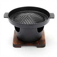 Mini ensemble de poêles grill en fonte, réchaud à charbon avec base en bois anti-brûlure, cuisinière BBQ antiadhésive rainurée pour balcon et table
