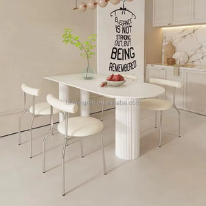 Juego de Mesa y Sillas de Comedor de Piedra Blanca Pura Estilo Crema, Mesa de Comedor Semicircular Moderna, Minimalista y Compacta para el Hogar - Product Image 1