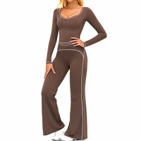 Set Yoga Wanita Lengan Panjang dengan Logo Custom, Celana Lebar Pinggang Tinggi, Olahraga Fitness, Baju Olahraga Dua Potong, Setelan Santai