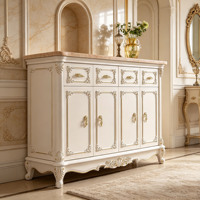 Buffet de luxe européen avec plateau en marbre, sculpté à la main, en bois massif, garniture dorée, meuble de rangement, armoire à chaussures pour couloir, vente en gros