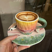 Ensemble tasse et assiette en céramique style américain, motif créatif coucher de soleil et mouette, avec dégradé, pour thé de l'après-midi et petit-déjeuner