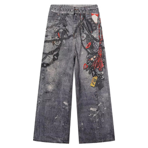 Jeans en denim gris vintage à jambes larges pour femmes, style baggy, effet usé, avec chaînes, streetwear, jeans en denim pour femmes - Product Image 2