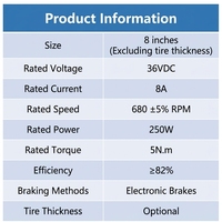 Moteur de moyeu électrique 36V 250W de 8 pouces, 680 tr/min, 5 Nm, avec frein électronique, pneu inclus, adapté aux motos et tricycles