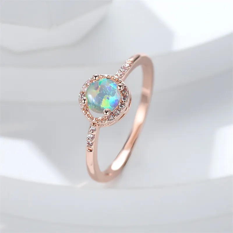 Simple Stacking Blue Fire Opal Finger Rings Rose Gold Color Round Ring Shining Gemstone Engagement Ring Jewelry