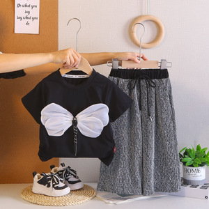 Ensemble d'été 2026 pour filles : Nouvelle collection tendance en coton, motif libellule et strass, manches courtes et pantalon long, deux pièces pour bébés - Product Image 3