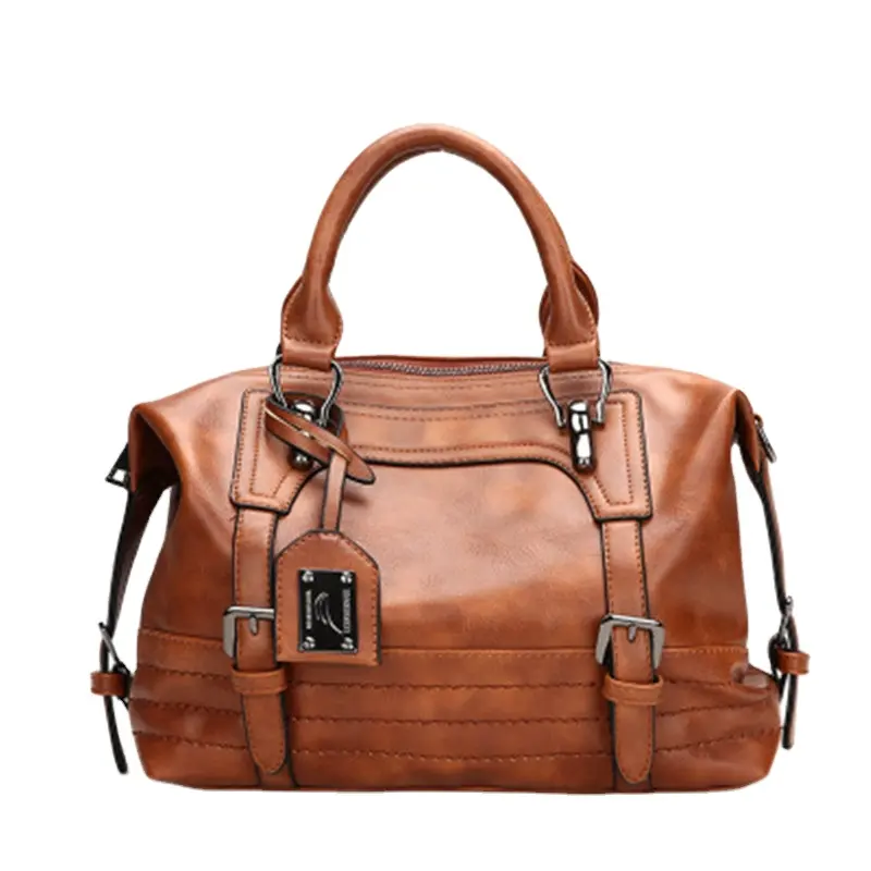 High Capacity Floppy Vintage PU Leather Exotic Buckle Boston Women's Handbag Travel Bag
