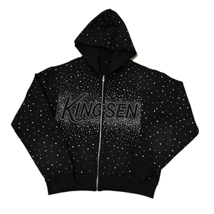 Custom Bulk Luxury Shining Gemstone Oversized Rhinestone Zip Up Hoodie Acid Wash Vintage Streetwear Zipped Hoodie For Men - Product Image 1