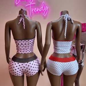 Jiubaju <strong>Women</strong> Swimwear Polka Dot 2-Piece Tankini Set Halter V Neck Front Tie Cami Top Contrast Waistband Drawstring <strong>Swim</strong> <strong>Shorts</strong> - Product Image 2