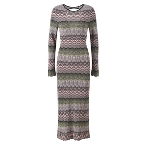 2026 Lady Designed <strong>Wavy</strong> <strong>Pattern</strong> Long Sleeve Women Knit Slim Fitted Sexy Backless Colorblock Maxi Dress - Product Image 1