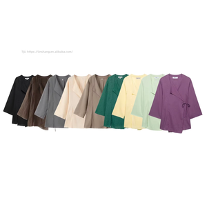 Ensemble décontracté 2 pièces pour femme : Kimono en toile de lin uni à croisement frontal et pantalon – Tendance - Product Image 1