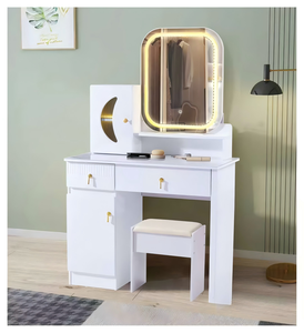 Modern White <b>Makeup</b> Vanity Table with Lighted <b>Mirror</b> and Storage Cabinet for Bedroom Furniture - Product Image 1