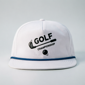 หมวกกอล์ฟสีขาว 5 ชิ้น แบบกำหนดเอง ปีกแบน หมวกกลางแจ้ง เชือกสีน้ำเงิน หมวกเบสบอลแบบ Snapback ของขวัญสำหรับงานกอล์ฟ - Product Image 1