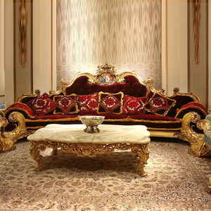 Conjunto de sofá de tela dorada y roja, mueble de sala de estar tallado a mano de madera maciza, sofá clásico de madera de lujo - Product Image 4
