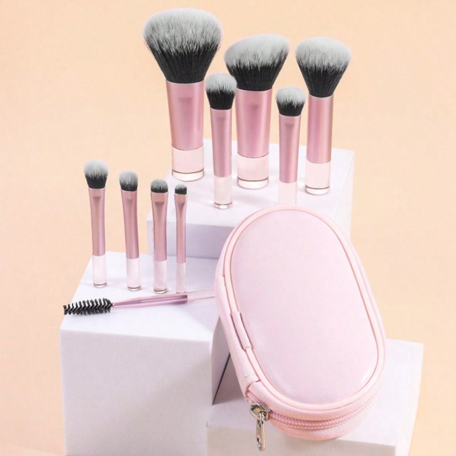 แปรงแต่งหน้าสีชมพู 10 ชิ้น + กระเป๋าสีชมพู