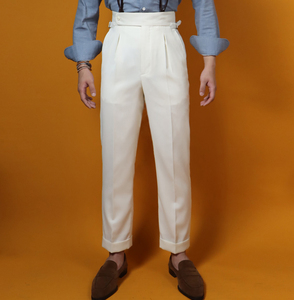 <span class=keywords><strong>Pantalones</strong></span> <span class=keywords><strong>de</strong></span> <span class=keywords><strong>Hombre</strong></span> Estilo Nápoles MTM, Cintura Alta, Corte <span class=keywords><strong>de</strong></span> Cola <span class=keywords><strong>de</strong></span> Pez, Personalizados, Casuales, <span class=keywords><strong>de</strong></span> Lana Blanca, <span class=keywords><strong>con</strong></span> <span class=keywords><strong>Tirantes</strong></span> - Product Image 1