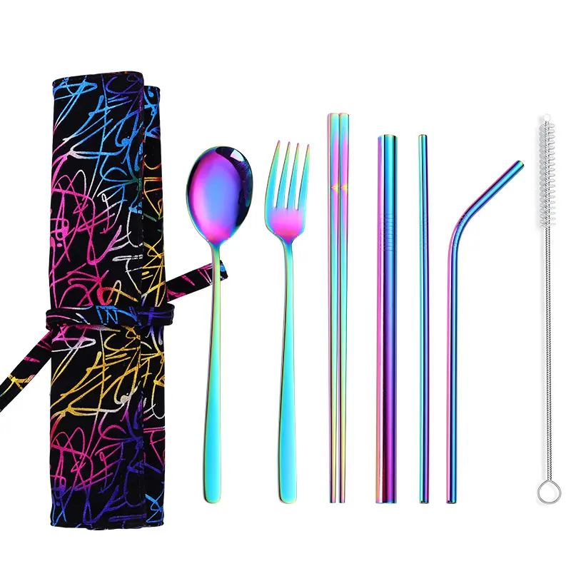 Portable Multicolor Stainless Steel Cutlery Set Metal Flatware Drinking Straw Set Cutlery Spoon Chopstick Set with Bag