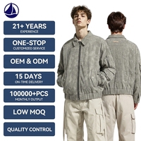 Blouson aviateur homme en mélange coton-polyester gris délavé avec poche 3D et patchwork à rivets, coupe-vent, effet vieilli