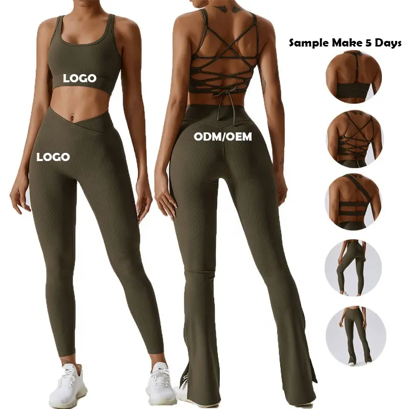 2024 Jogger abbigliamento sportivo senza cuciture palestra abbigliamento da donna 5 pezzi costine Yoga Set reggiseno sportivo Leggings Activewear