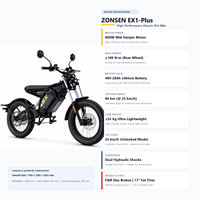 Moto tout-terrain électrique Zonsen EX1-Plus, moteur central 800W, 48V 28Ah, 100N.m, contrôleur vectoriel FOC, frein à disque hydraulique, E-Bike tout-terrain