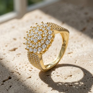 Luxury Women's <b>Gold</b> Plated 925 Silver Moissanite <b>Cocktail</b> <b>Ring</b> Round Brilliant Cut Pave Setting Flower Shape Wedding Jewelry - Product Image 4