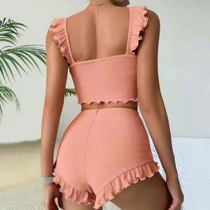 Pyjama court à bretelles pour femme, style européen et américain, avec petites manches volantées, pour la maison - Product Image 2