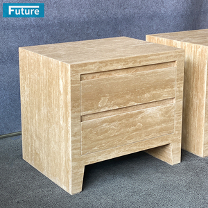 Table de chevet Wabi-sabi à socle bas en pierre de travertin beige naturel pour appartement, villa, hôtel, chambre à coucher, avec tiroirs - Product Image 1