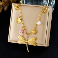 Collier pendentif libellule en acier inoxydable avec chaîne à maillons, plaqué or 18K PVD, breloques fleur, cœur et nœud, inaltérable, bijoux pour femme
